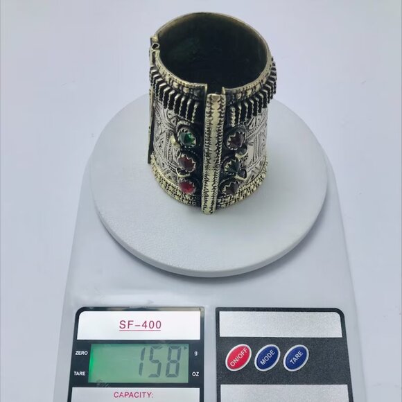 Single Gypsy Kuchi Bracelet With Glass Stones, Hinged, Vintage Cuff - Picture 5 of 10